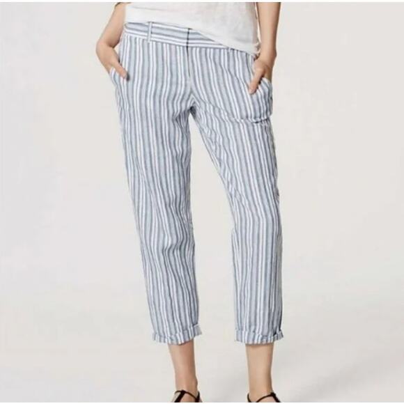 LOFT Blue Stripe Linen Blend Marisa Pants Size 10 - Picture 1 of 7